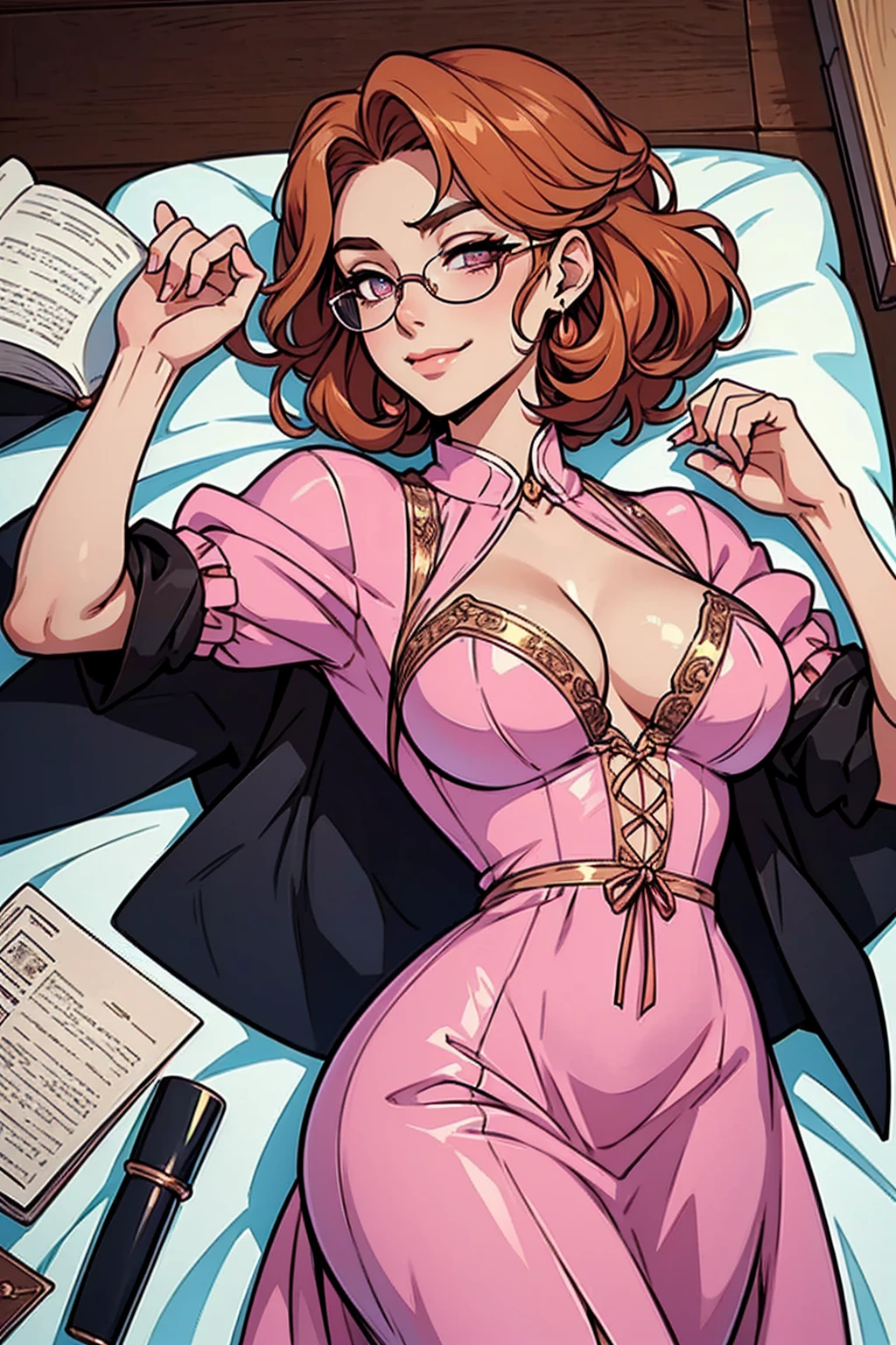 {-erro_de_anatomia:1.0}(best quality,4k,8k,highres,masterpiece:1.2) Anime girl tuxedo with curly rose gold hair and round gold glasses, rose gold eyes. Guviz style art, attractive detailed art style, Charlie Bowater Style, 1 7 -  - old e anime girl, detailed manga style, detailed anime character art, germ of art. High detail, stunning manga art style. Rose dress. (pink dress) . Wearing rose gold Victorian clothing. Dancing, walking, drinking, reading, writing, lying, standing, on your back, dynamic poses, smile, closed mouth. Different Pose, upper body