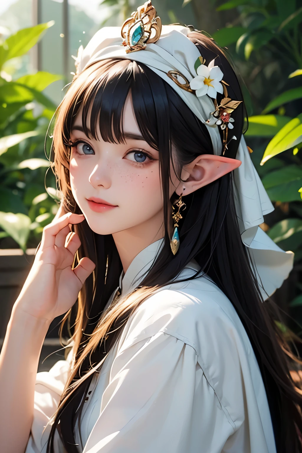 (water colour: 1.2), elf princess, flowers, freckles, bangss, redheadwear, long hair, greeneyes, hair between the eyes, flowers earrings, nblurry background, high resolution  