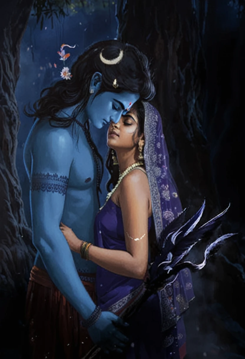 A sad boy *
A transparent beautiful indian goddess girl* standing over a cremation ground *
with a background of mantra in Sanskrit *