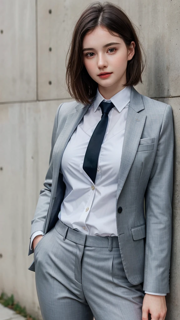 ((best quality)), photorealistic, photorealism, Photorealistic, high resolution, Beautiful, Baby Face, 20 Years Old, White Skin, pale skin, thick body, Combat pose, ((Detailed face)), short hair, ((wearing business suit, shirt, formal suit, blazer, black trouser)), Fingers are occluded, ((detailed fingers)), concrete wall background, front angle, half body close up