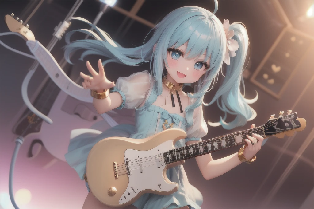 1girl、masterpiece、Highest quality、(Super detailed)、Beautiful body、(Perfect Anatomy:1.2)、Beautiful face and eyes、((pastel colour))、Perfect lighting、(An illustration:1.1)、 (smile:1.1)、cute、happiness、 (Dynamic composition:1.1)、(Dynamic Pose:1.1)、(Cute pose:1)、(Dutch Angle:1.2)、action、Cowboy Shot、 stream、(no gravity:1.2)、 Rainbow、break、 (Colorful Rings Background)、(Note:1.45) (Streamlined colorful background)、(Floating sensation 1.2)、(Model pose:0.5)、(Love Guitar Rod:1.4)、(Guitar Playing:1.5)、Flat Chest、Kneeling、 Cure Beat、Light blue hair、Side Ponytail、1ahoge、Thigh-high boots、Puffy short sleeves、Wrist cuffs、ribbon、jewelry、Good eyes、Heart Hair Ornament、(Golden Ratio:1.25)