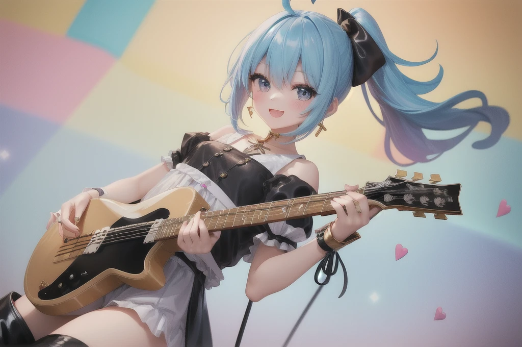 1girl、masterpiece、Highest quality、(Super detailed)、Beautiful body、(Perfect Anatomy:1.2)、Beautiful face and eyes、((pastel colour))、Perfect lighting、(An illustration:1.1)、 (smile:1.1)、cute、happiness、 (Dynamic composition:1.1)、(Dynamic Pose:1.1)、(Cute pose:1)、(Dutch Angle:1.2)、action、Cowboy Shot、 stream、(no gravity:1.2)、 Rainbow、break、 (Colorful Rings Background)、(Note:1.45) (Streamlined colorful background)、(Floating sensation 1.2)、(Model pose:0.5)、(Love Guitar Rod:1.4)、(Guitar Playing:1.5)、Flat Chest、Kneeling、 Cure Beat、Light blue hair、Side Ponytail、1ahoge、Thigh-high boots、Puffy short sleeves、Wrist cuffs、ribbon、jewelry、Good eyes、Heart Hair Ornament、(Golden Ratio:1.25)