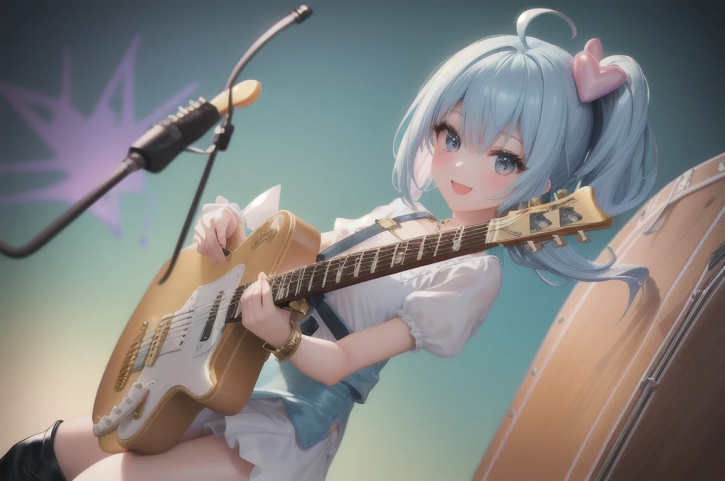 1girl、masterpiece、Highest quality、(Super detailed)、Beautiful body、(Perfect Anatomy:1.2)、Beautiful face and eyes、((pastel colour))、Perfect lighting、(An illustration:1.1)、 (smile:1.1)、cute、happiness、 (Dynamic composition:1.1)、(Dynamic Pose:1.1)、(Cute pose:1)、(Dutch Angle:1.2)、action、Cowboy Shot、 stream、(no gravity:1.2)、 Rainbow、break、 (Colorful Rings Background)、(Note:1.45) (Streamlined colorful background)、(Floating sensation 1.2)、(Model pose:0.5)、(Love Guitar Rod:1.4)、(Guitar Playing:1.5)、Flat Chest、Kneeling、 Cure Beat、Light blue hair、Side Ponytail、1ahoge、Thigh-high boots、Puffy short sleeves、Wrist cuffs、ribbon、jewelry、Good eyes、Heart Hair Ornament、(Golden Ratio:1.25)