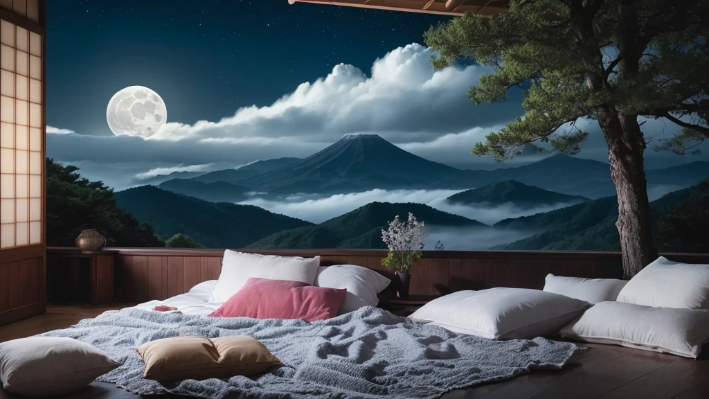 Prompt (Japanese): "Serene landscape、full moon、Soft clouds and stars、Warm, dimly lit bedroom、Comfortable bed and soft pillows、Silent Forest、Gentle flow and soft light。"
Negative Prompt (Japanese): "Bright colors、congestion、No high contrast elements。"