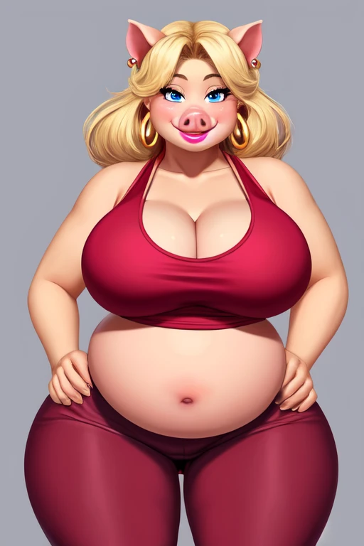 Blonde pig woman, wearing a red tank top, perfect face, blue eyes, big breasts, cleavage, big belly, three-quarter view, solo, smile, perfect detailed body, pink lipstick, gold earring, hand on hips, blushing