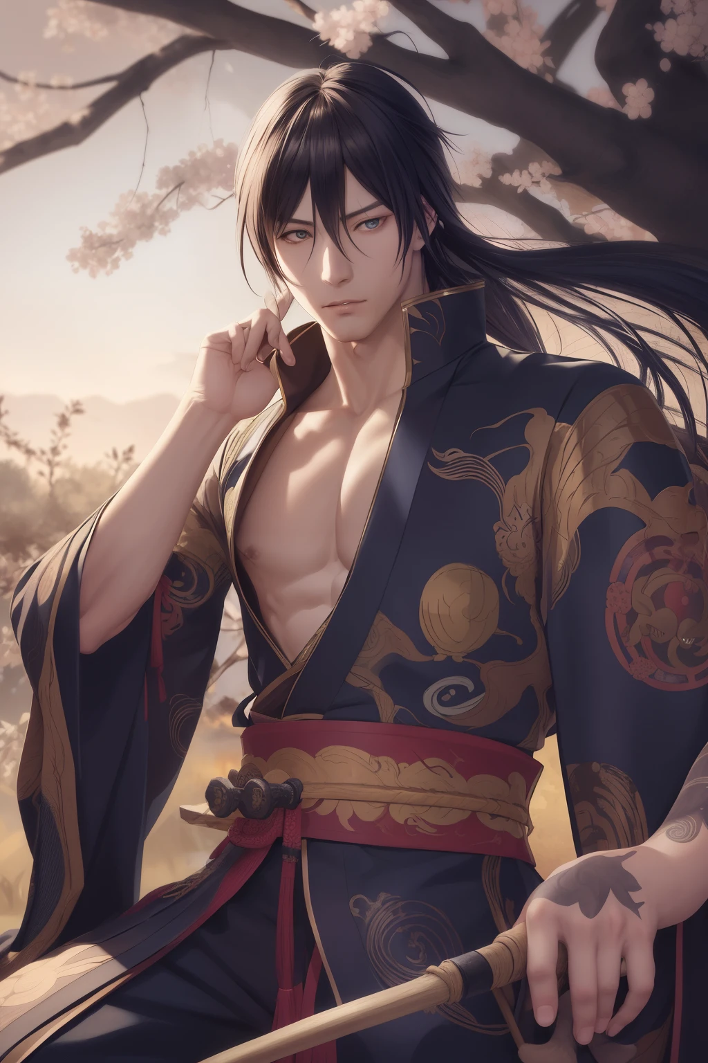 anime character sitting in the middle of a tree with a stick in his hand, handsome guy in demon slayer art, anime fantasy illustration, tall anime guy with blue eyes, anime fantasy artwork, ( ( god king of ai art ) ), full art illustration, hijikata toushirou of gintama, anime tribal boy with long hair, shirow masamune, dramatic portraiture of uuen, sengoku - era art style, onmyoji detailed art, okita sougo, kano tan'yu, full art, anime picture, highly detailed exquisite fanart, handsome japanese demon boy, sun wukong, hijikata toushirou