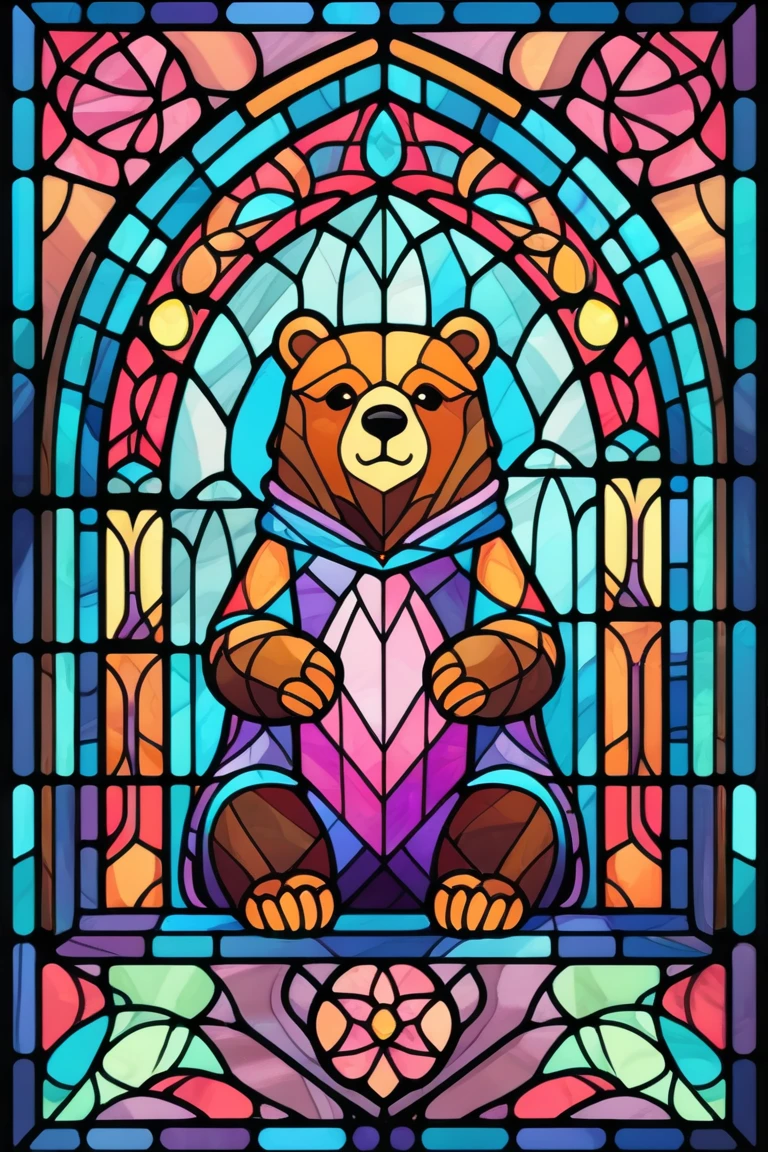 2D Stained Glass soft,pastel colors,poler bear in window frame. dungeons and dragons art. symmetrical design, in the style of stained glass. Digital stained glass style. pastel color scheme