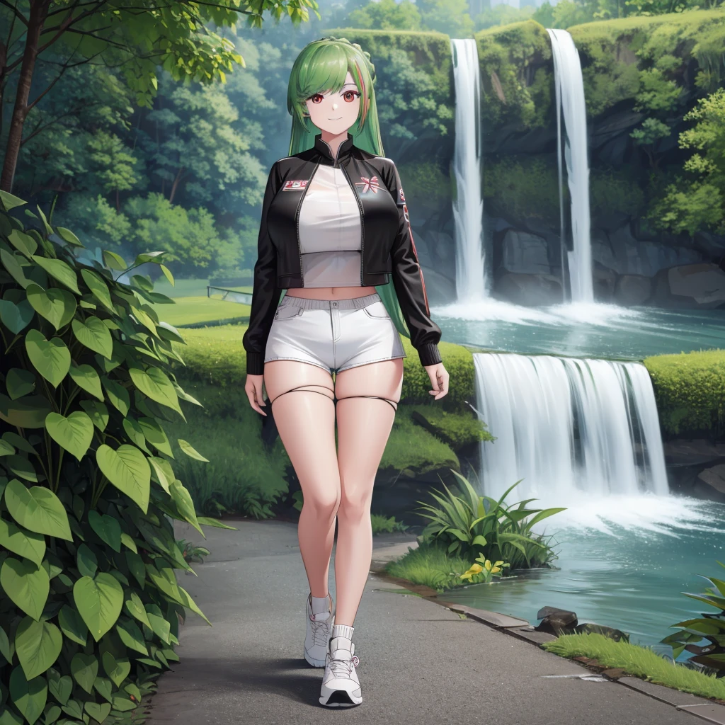 A woman wearing a long-sleeved green leather jacket, white shirt, black denim shorts, exposed thigh, casual sneakers, green hair, long hair, red bangs, multicolored hair, red eyes, walking on a concrete sidewalk in a park, waterfall background, smiling, big breasts, perfect face, very detailed eyes, ultra quality,(solo woman),.HDR, ultra resolution, well defined, masterpiece, 8K HD. (solo woman)
