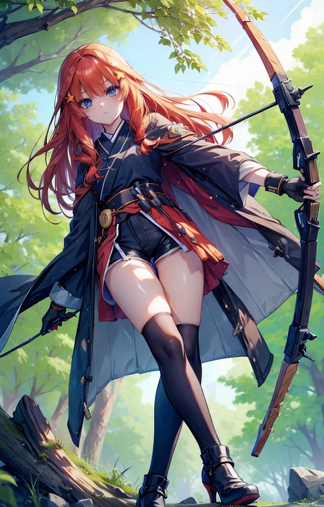 itsukinakano, itsuki nakano, bangs, blue eyes, Hair between the eyes, Redhead, star \(symbol\), hair ornaments, star hair ornaments,Long Hair,Owns an archery grip in the right hand,Carrying an archery bag,He has a quiver on one side, boots, Cape,gloves, red Knee socks, High heels, Shorts, Knee socks,whole bodyがイラストの中に入っていくように,歩いている
break outdoors, forest,forest林, break looking at viewer,whole body, 
break (masterpiece:1.2), Highest quality, High resolution, unity 8k wallpaper, (shape:0.8), (Fine and beautiful eyes:1.6), Highly detailed face, Perfect lighting, Highly detailed CG, (Perfect hands, Perfect Anatomy),