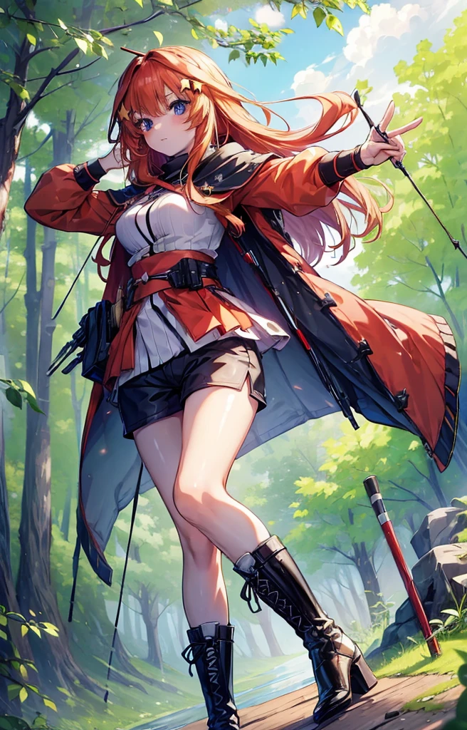 itsukinakano, itsuki nakano, bangs, blue eyes, Hair between the eyes, Redhead, star \(symbol\), hair ornaments, star hair ornaments,Long Hair,Owns an archery grip in the right hand,Carrying an archery bag,He has a quiver on one side, boots, Cape,gloves, red Knee socks, High heels, Shorts, Knee socks,whole bodyがイラストの中に入っていくように,歩いている
break outdoors, forest,forest林, break looking at viewer,whole body, 
break (masterpiece:1.2), Highest quality, High resolution, unity 8k wallpaper, (shape:0.8), (Fine and beautiful eyes:1.6), Highly detailed face, Perfect lighting, Highly detailed CG, (Perfect hands, Perfect Anatomy),