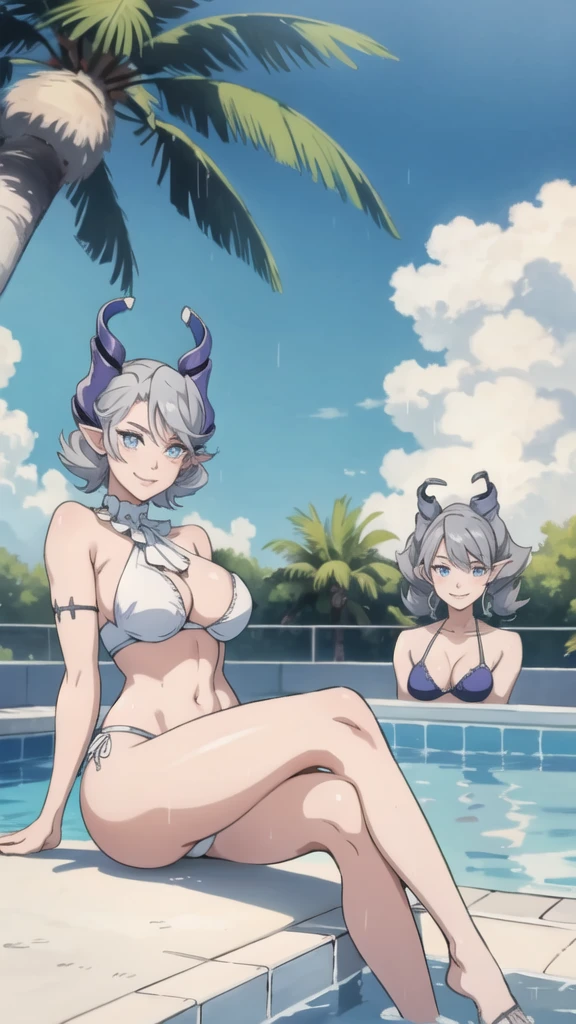 　3 girls High level image quality　best image quality　8K　 adult woman    pool party  rain　palm trees  more colors   whole body view　portrait　mix color bikini   　horn    ears  　short hair（（shortcut）（gray hair）（perm）（fluffy））　eye color is blue ,  , 　attractive evil face , smile   ,  sexy pose   ,  labrynth , arm crossed , barearm     , sittings  by the pool , crossed legs  , all wet , view foot arc