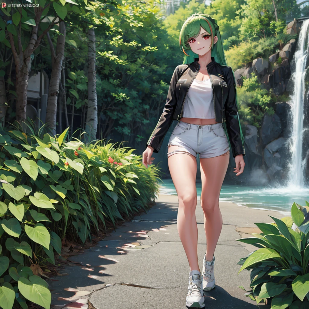 A woman wearing a long-sleeved green leather jacket, white shirt, black denim shorts, exposed thigh, casual sneakers, green hair, long hair, red bangs, multicolored hair, red eyes, walking on a concrete sidewalk in a park, waterfall background, smiling, big breasts, perfect face, very detailed eyes, ultra quality,(solo woman),.HDR, ultra resolution, well defined, masterpiece, 8K HD. (solo woman)
