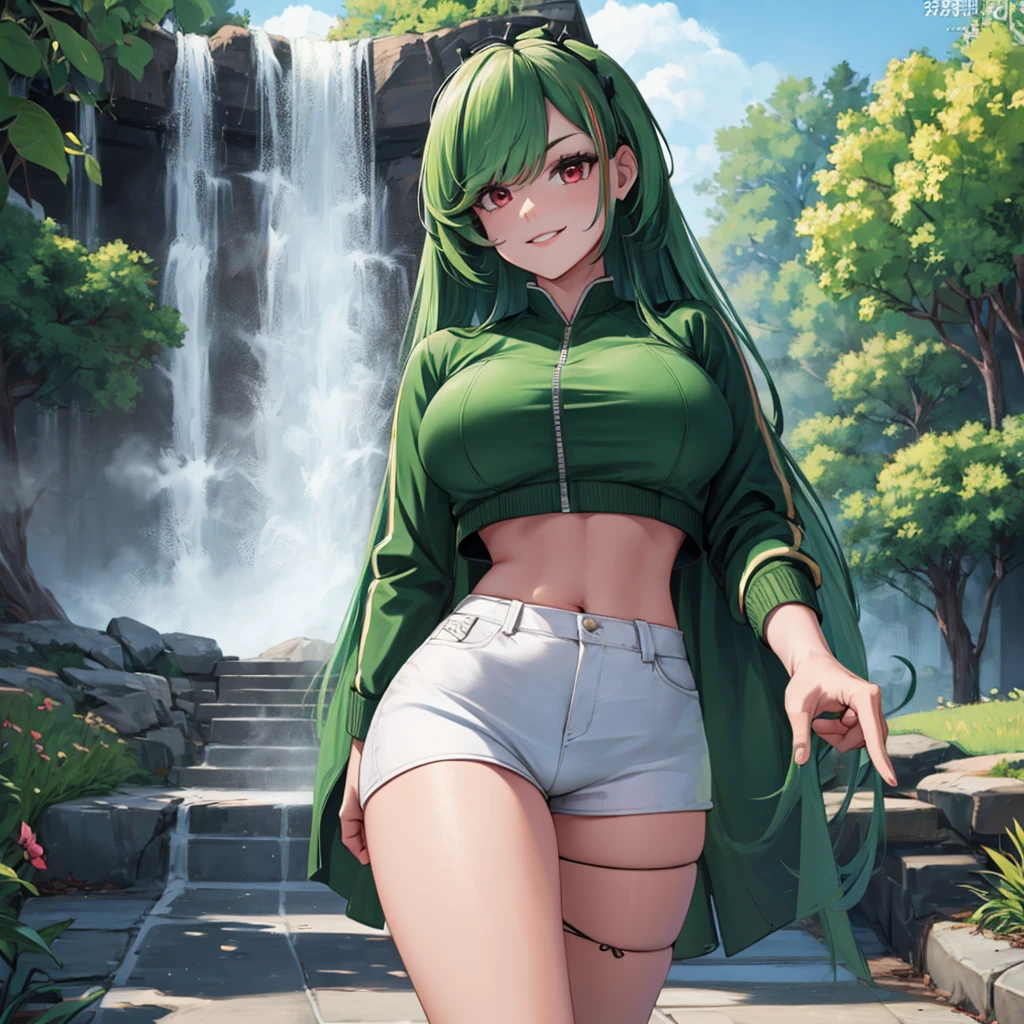 A woman wearing a long-sleeved green leather jacket, white shirt, black denim shorts, exposed thigh, casual sneakers, green hair, long hair, red bangs, multicolored hair, red eyes, walking on a concrete sidewalk in a park, waterfall background, smiling, big breasts, perfect face, very detailed eyes, ultra quality,(solo woman),.HDR, ultra resolution, well defined, masterpiece, 8K HD. (solo woman)
