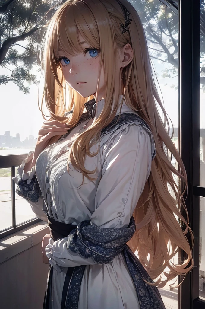 ((1 Female, 1 person, Solitary) Alice, Humanity, Long curly blond hair, blue eyes, freckle, ager, 18 years, Rebirth_ongoing) (Main Part, Super detailed, 8K, (HD, Sunlight:0.5, Soft_shadow:0.5, atmosphere_light, 8K, 4K, Surrealism, elegant, ((((Appearance)))), Soft Ton, 柔和的light))(((Dark, Chiaroscuro)))