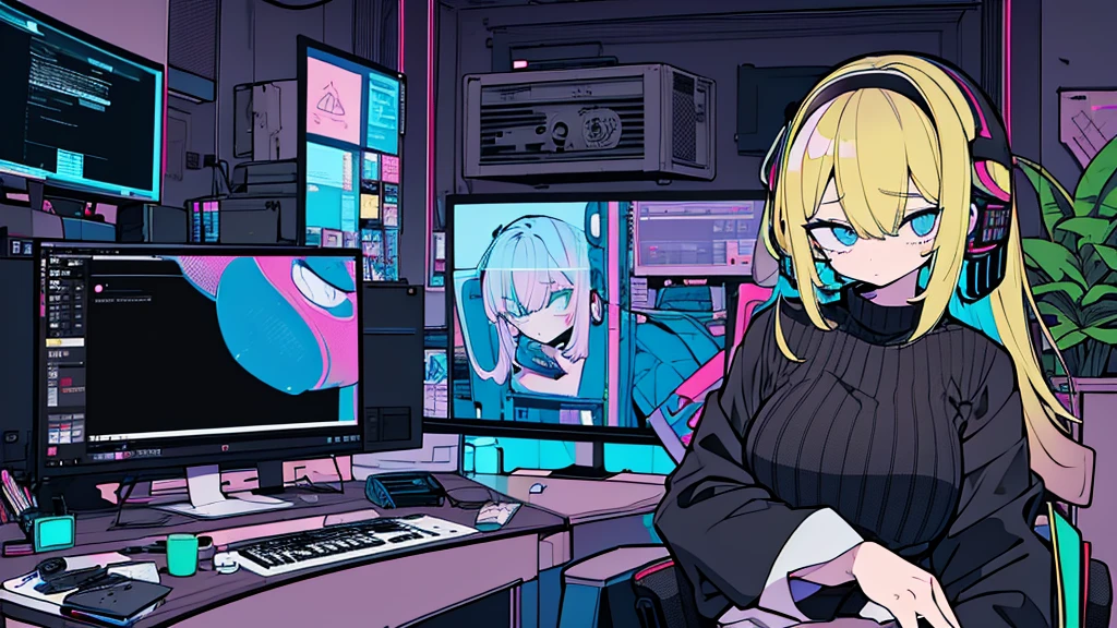 Best quality, (masterpiece:1.2), best detail face, 1 girl, big breasts, 18 yo, 8k,absurdres,unity 8k wall paper,(extremely detailed:1.3), highest realistic, (simple headphones:1.1), (soft neon light:1.1), (floating hair:1.2), (psychedelic:1.2), Her room full of music equipment and plants, Leaning back on the chair with a casual attitude, Light clothing in summer, dark color palette, blonde mesh hair color