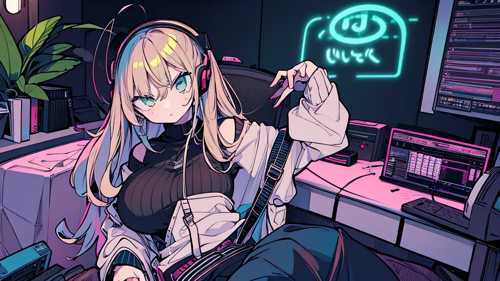 Best quality, (masterpiece:1.2), best detail face, 1 girl, big breasts, 18 yo, 8k,absurdres,unity 8k wall paper,(extremely detailed:1.3), highest realistic, (simple headphones:1.1), (soft neon light:1.1), (floating hair:1.2), (psychedelic:1.2), Her room full of music equipment and plants, Leaning back on the chair with a casual attitude, Light clothing in summer, dark color palette, blonde mesh hair color