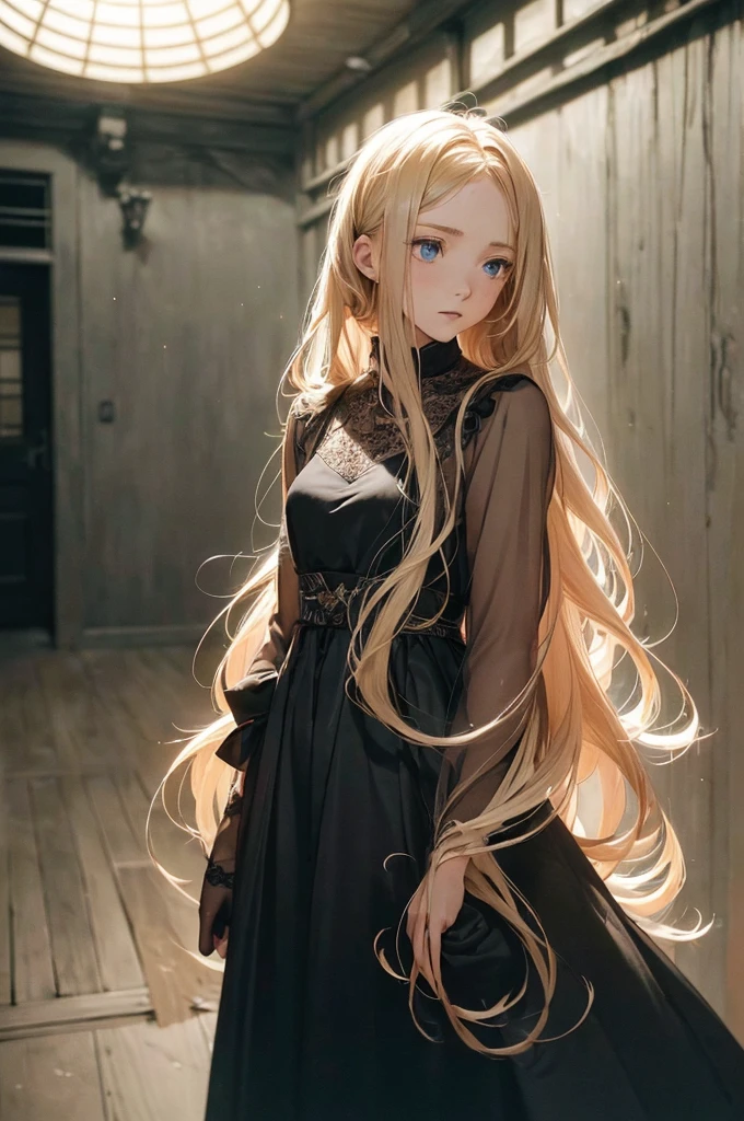 ((1 Female, 1 person, Solitary) Alice,  Humanity, Long curly blond hair, blue eyes, freckle, teenager, 18 years, Rebirth_ongoing) (Main Part, Super detailed, 8K, (HD, Sunlight:0.5, Soft_shadow:0.5, atmosphere_light, 8K, 4K, Surrealism, elegant, ((((Appearance)))), Soft Ton, 柔和的light))(((Dark, Chiaroscuro)))