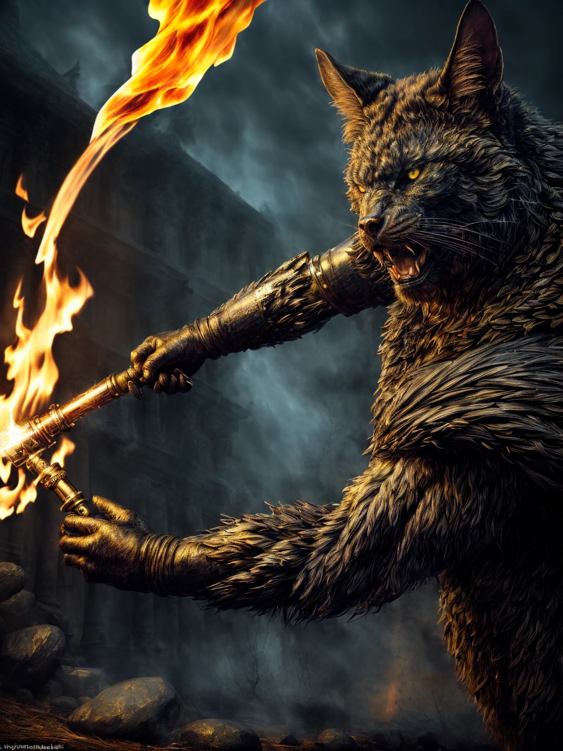 (Award-winning masterpiece:1.5), (incredible detail), (hyper realistic:1.4), (whole body:1.7), (witch charging with a torch), (brutal creature trying to shield itself), (fire reflecting in the creature's eyes), (detailed combat scene), (dramatic lighting), (intricate details:1.1)