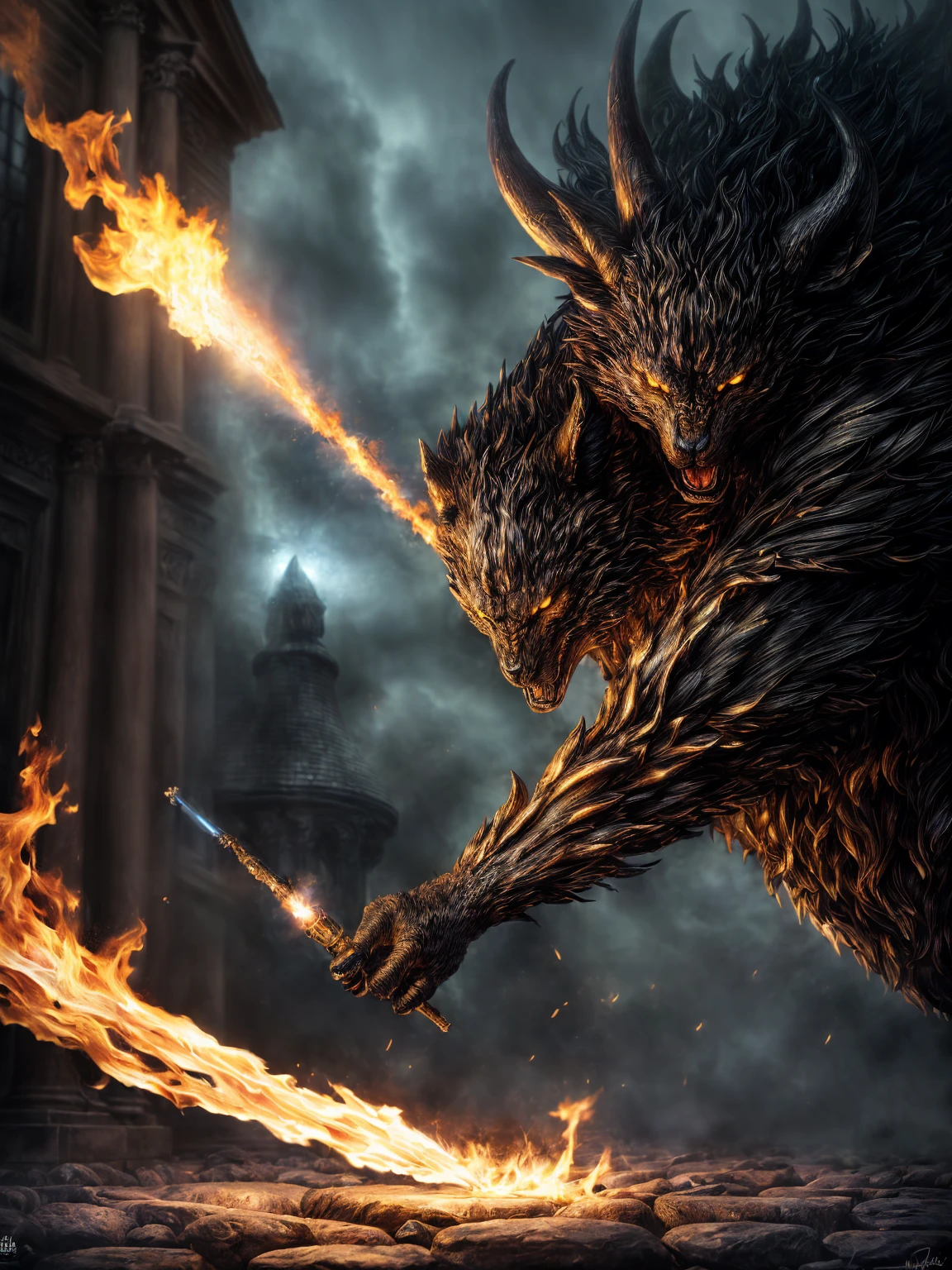 (Award-winning masterpiece:1.5), (incredible detail), (hyper realistic:1.4), (whole body:1.7), (witch charging with a torch), (brutal creature trying to shield itself), (fire reflecting in the creature's eyes), (detailed combat scene), (dramatic lighting), (intricate details:1.1)