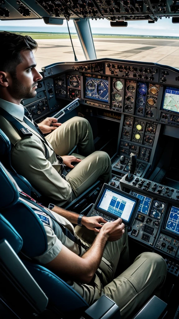 Inside an airplane cockpit, two pilots urgently handling controls, with a look of concentration and concern on their faces.