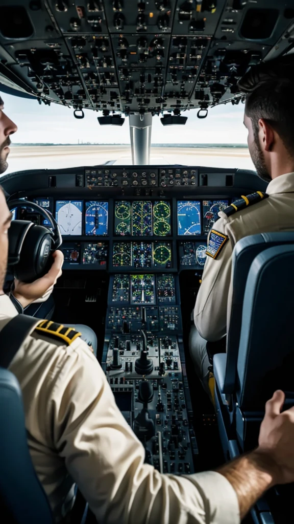 Inside an airplane cockpit, two pilots urgently handling controls, with a look of concentration and concern on their faces.