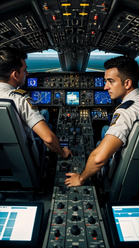 Inside an airplane cockpit, two pilots urgently handling controls, with a look of concentration and concern on their faces.