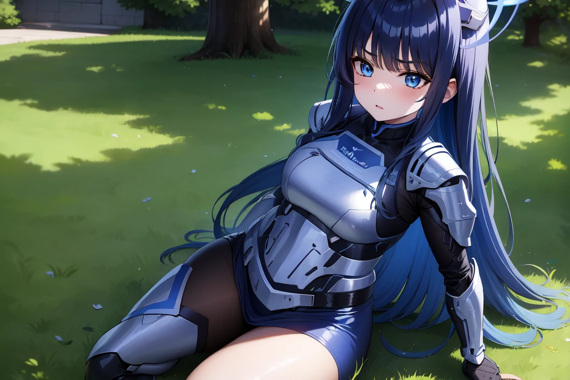 1girl,solo, saorijoumae, saori joumae, blue eyes, blue hair, halo, long hair, sitting, looking at viewer, adventurer clothes, light armor, horns, outdoors