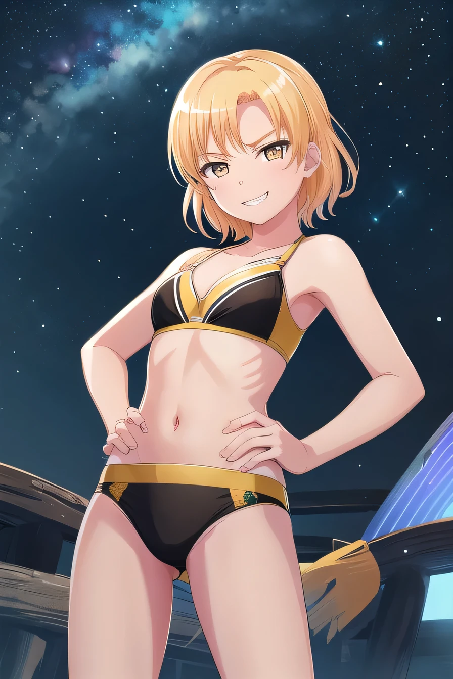 MASKING, 1girl, solo, looking at viewer, smile, short hair, blonde hair, brown eyes, yellow eyes, black bikini, high quality, solo, night sky, beach, arm behind head, hand on hip, contrapposto, closed mouth, spread armpits, (cowboy shot:1.5), looking at viewer, grin, best quality,