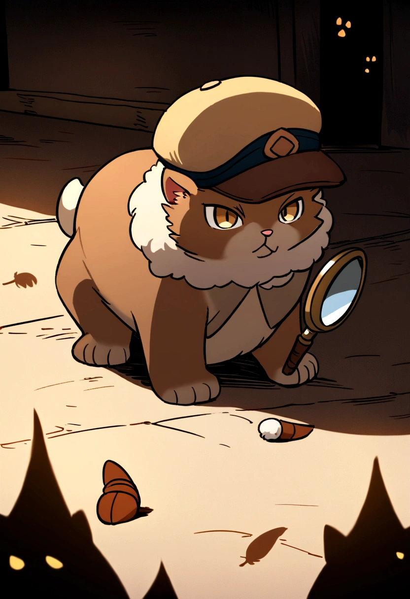 Mike, the determined detective cat, is carefully examining the ground with a magnifying glass. The close-up shows Mike's focused expression, with soft brown fur and the brown detective hat slightly askew. The scene is in a dimly lit corner of a street, with shadowy figures and a few scattered clues like feathers or small paw prints.
---
Style: Cartoon, with a detailed and immersive background. Highlight Mike's concentration and the small clues scattered around. Use intricate details in the shadows and objects to create a sense of depth and engagement. Mike's detective outfit and fur color should match previous illustrations.

