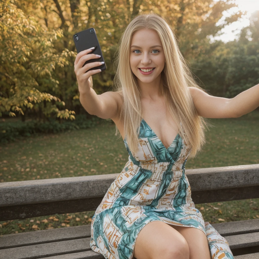 1girl, photorealistic, (((ugly face:1.5))), (((photorealistic))), (((raw photo in sequence))), (((natural lights))), (((detailed background))), (((26 to 35 years old))), (((upper body and upper legs))), (((detailed face))), photo_(wide), realistic, (((Caucasian woman))), (((long white blonde hair))), (((Caucasian nose))), (((Caucasian green eyes))), (((Caucasian face))), (((Caucasian lips))), (((sexy body))), (((wearing printed dress))), (((outdoor autumn photo))), slender, different poses, smiling, wide shot, upper body and upper legs shot, (((selfie shot))), (((white blond))), (((straight long hair))), ((sitting on bench))