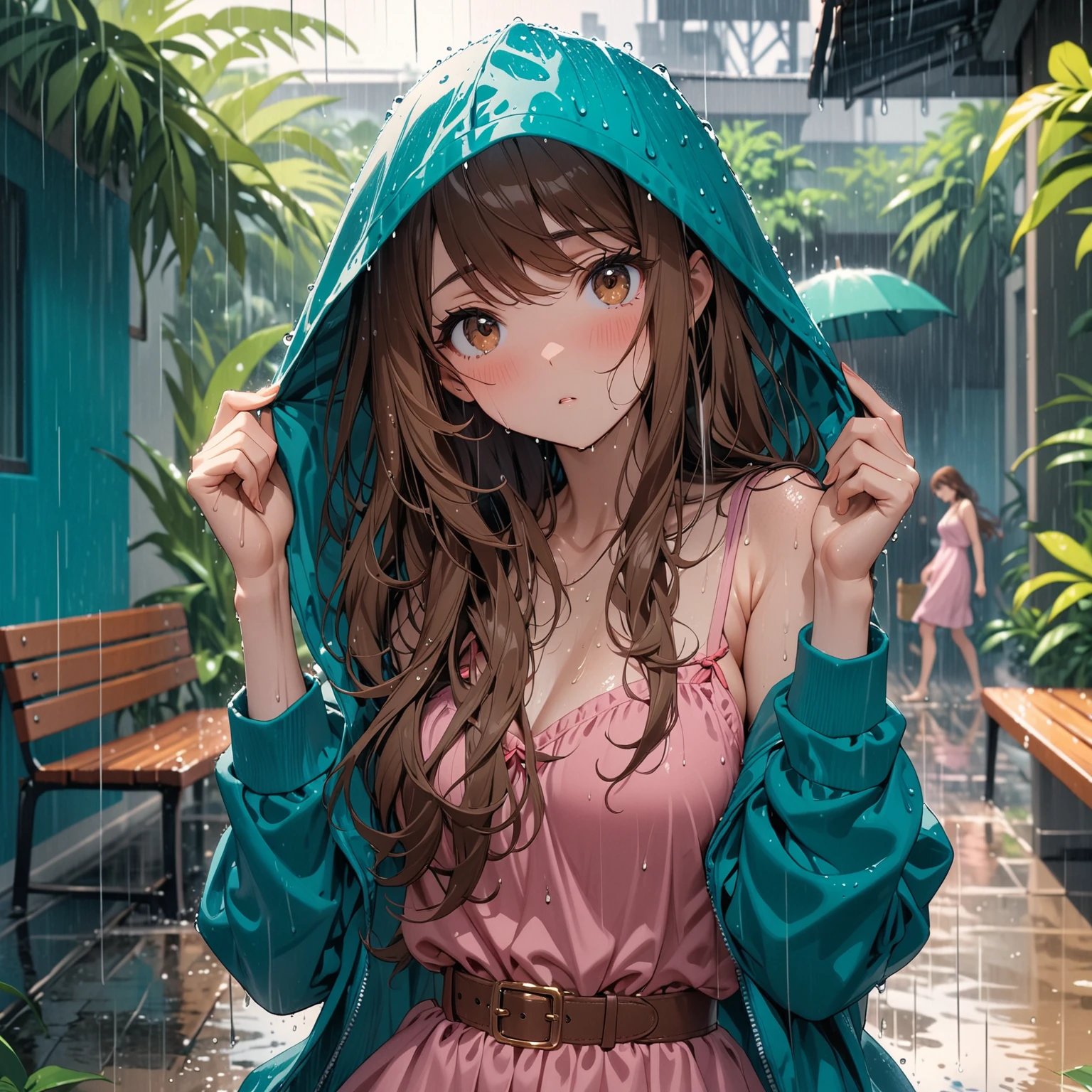 Best quality, masterpiece, very long brown hair, brown eyes, swept bangs, pink sundress, looking to the side, teal hoodie, rain, tropical
