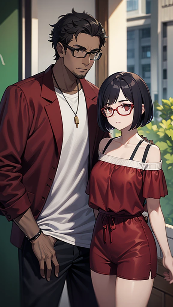Woman with red over-the-shoulder bob hair wearing glasses with a loose blouse and low-breasted shorts, and a dark-skinned male friend who wears glasses,Scrawny, low hair with everyday clothes, They're together