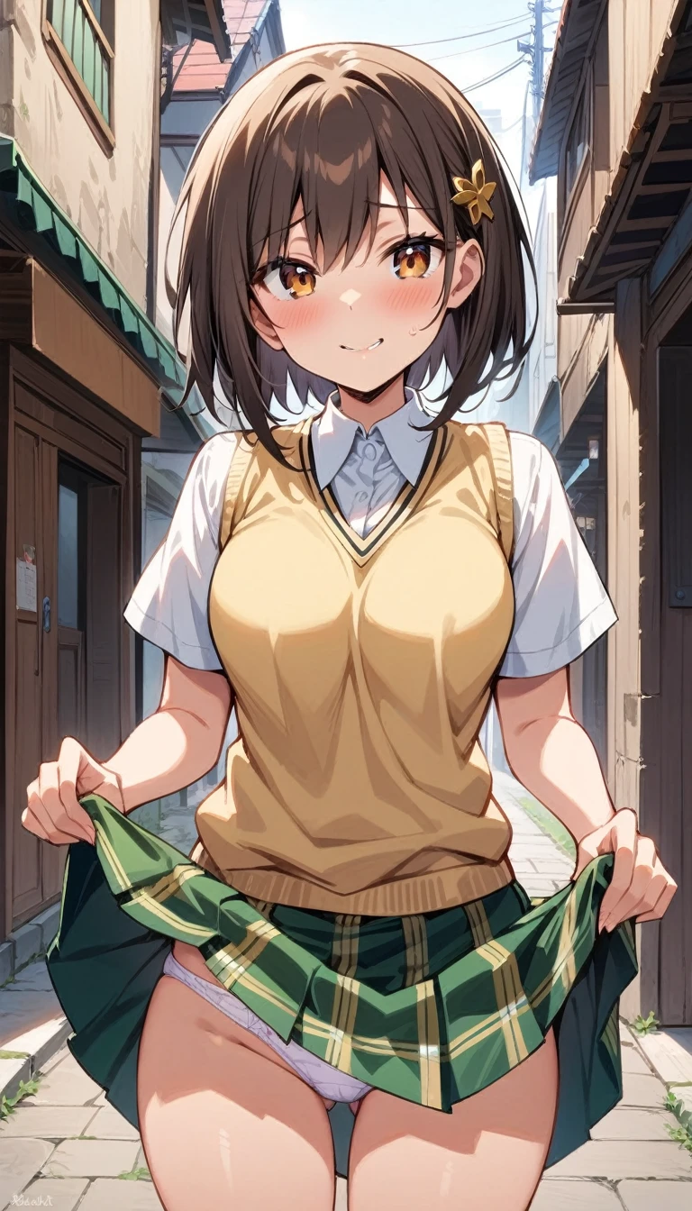 (Masterpiece, Best Quality:1.2), 1 girl, Alone,standing_to divide, Mikan Yuuki, Brown eyes, Brown hair, short hair, happy face, hair ornament,wide,green plaid skirt, Sainan High , , White shirt, yellow sweater vest, traditional street, panties, lifting her skirt, showing panties