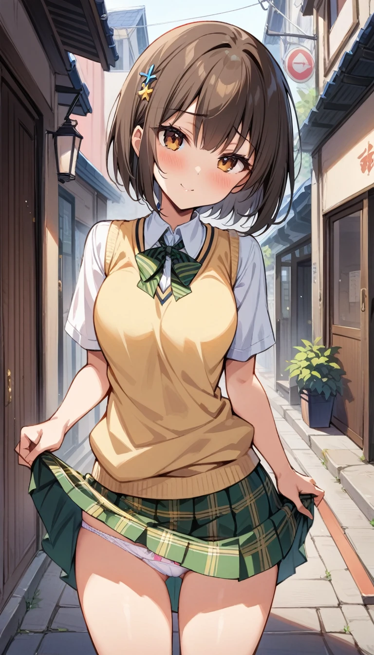 (Masterpiece, Best Quality:1.2), 1 girl, Alone,standing_to divide, Mikan Yuuki, Brown eyes, Brown hair, short hair, happy face, hair ornament,wide,green plaid skirt, Sainan High , , White shirt, yellow sweater vest, traditional street, panties, lifting her skirt, showing panties