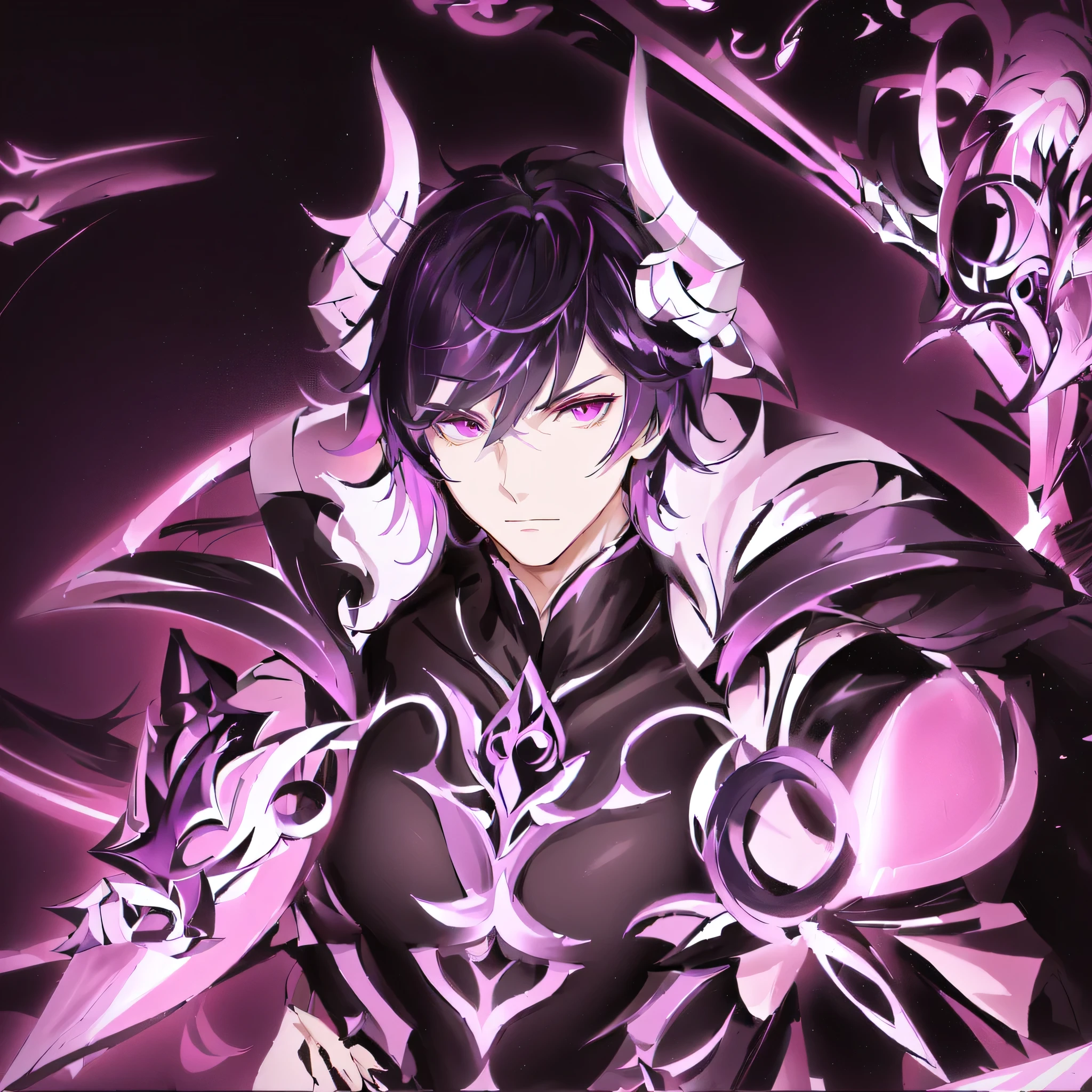 Anime character with violet black hair and pink eyes holding a sword, the former demon king, Beautiful male god of death, genshin impact zhongli, genshin impact character, male demon, Retrato onmyoji, anime key art, Evil and devious male, detailed anime key art, héroe 2 d fanart artstation,