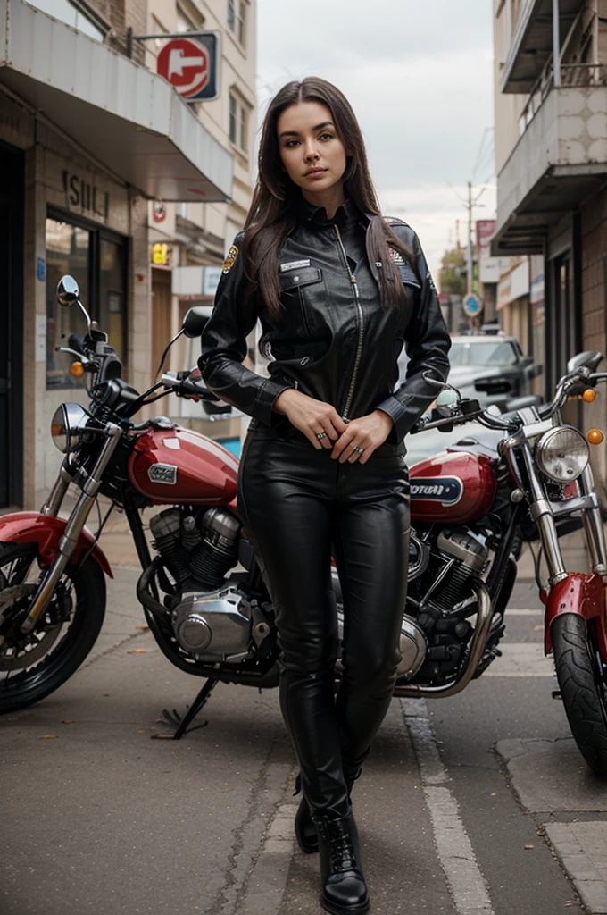 1girl in, 30 years old, Square face, Long hair, Looking at the viewer, jewelry, Realistic, Sexy, police outfit, standing next to a motorbike - holding a gun - sitting on a motorbike, free pose