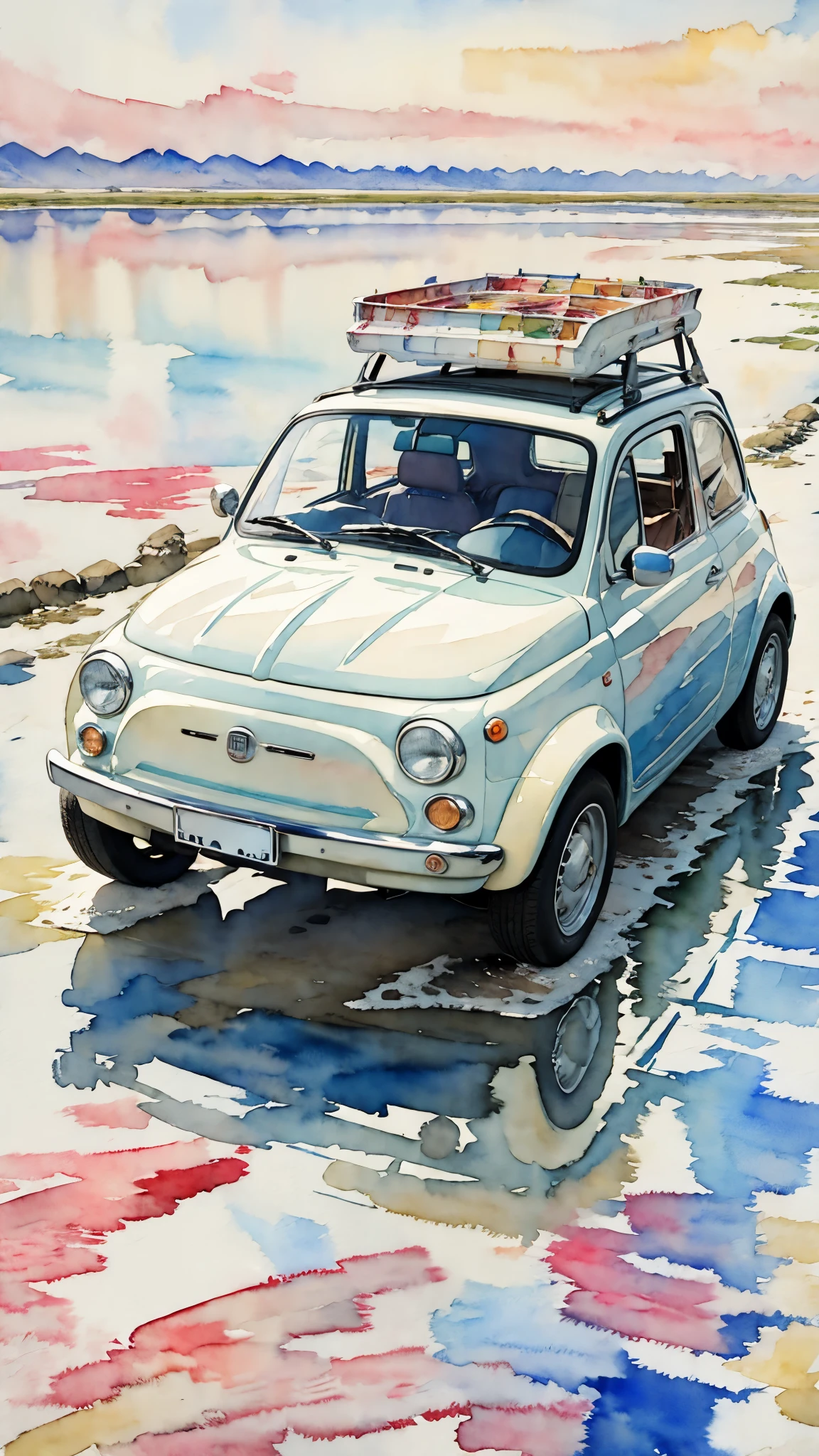 (masterpiece:1.2, Highest quality),(Very detailed),(((watercolor))),8K,wallpaper,Cream-colored Fiat 500,Ride through the Uyuni Salt Flats,blue sky,(((Ghibli style))),透明watercolor