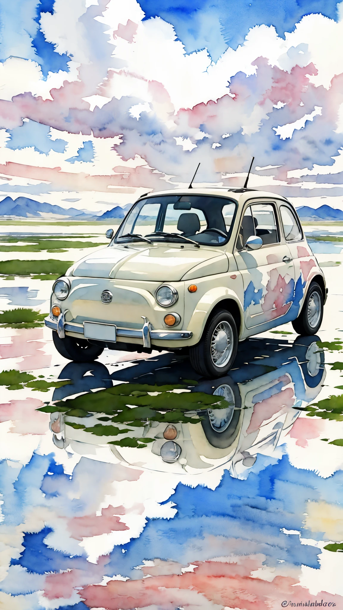 (masterpiece:1.2, Highest quality),(Very detailed),(((watercolor))),8K,wallpaper,Cream-colored Fiat 500,Ride through the Uyuni Salt Flats,blue sky,(((Ghibli style))),透明watercolor