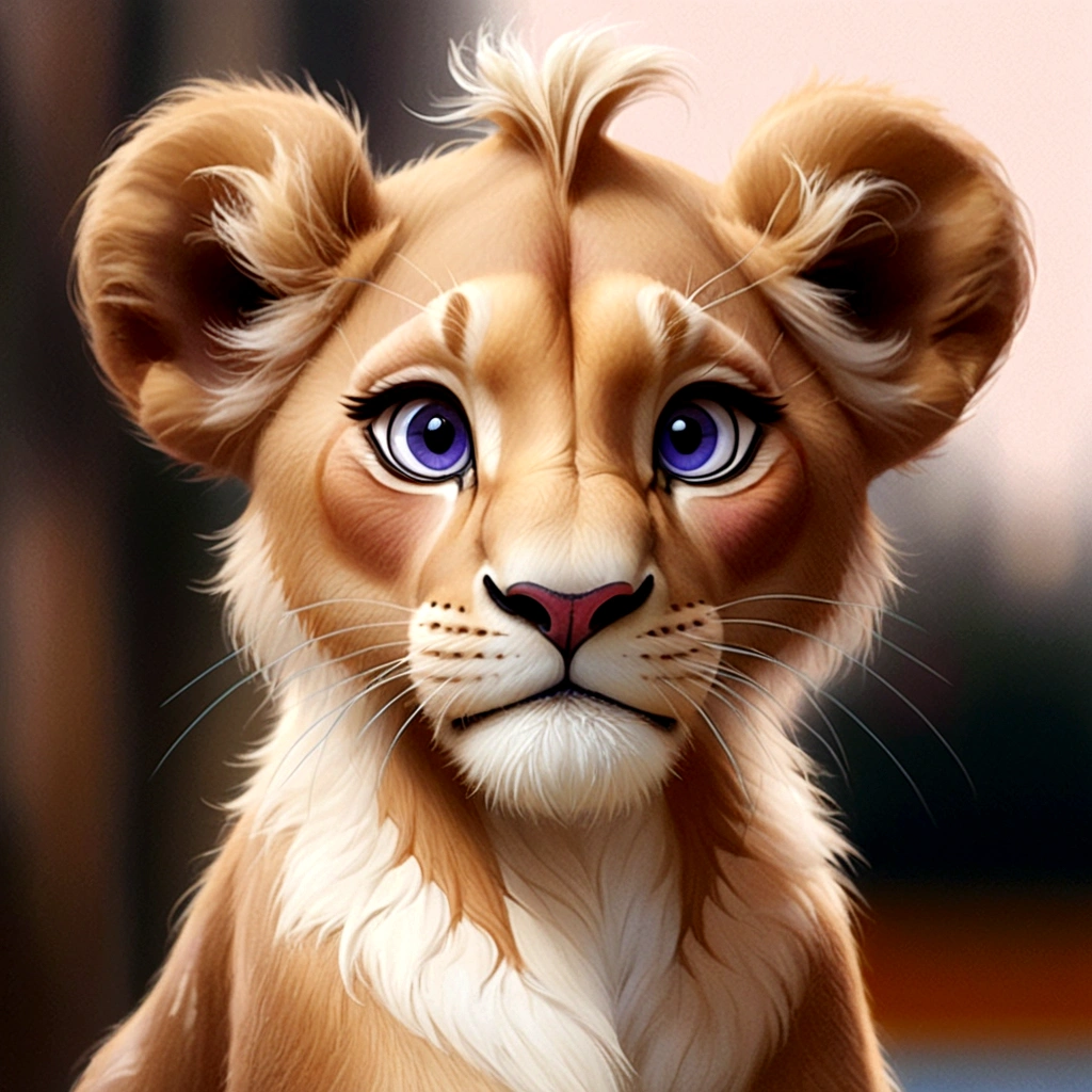 Lioness with beige fur, eyes with blue purplish
irises with a tuft of hair on her head with a slender physique
