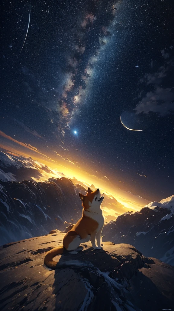 (Highly detailed CG Unity 8k wallpaper), A shibainu looking up at the night sky, The most beautiful space art panorama, SF universe scenery, planet, Ed Blinky, Atey Gailan, Professional and spectacular paintings from Studio Ghibli, Jeremy Mann, Greg Manchess, Antonio Moro, Trending on Art Station, Trending on CGSociety, complicated, High detail, Sharp focus, dramatic, Photorealistic paintings by Midjourney and Greg Rutkowski