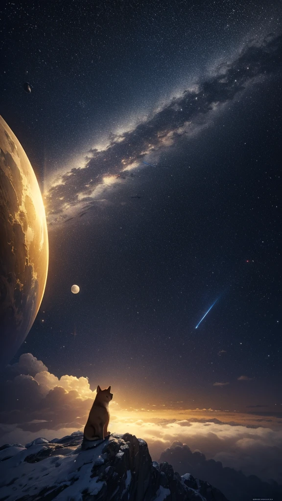 (Highly detailed CG Unity 8k wallpaper), A shibainu looking up at the night sky, The most beautiful space art panorama, SF universe scenery, planet, Ed Blinky, Atey Gailan, Professional and spectacular paintings from Studio Ghibli, Jeremy Mann, Greg Manchess, Antonio Moro, Trending on Art Station, Trending on CGSociety, complicated, High detail, Sharp focus, dramatic, Photorealistic paintings by Midjourney and Greg Rutkowski