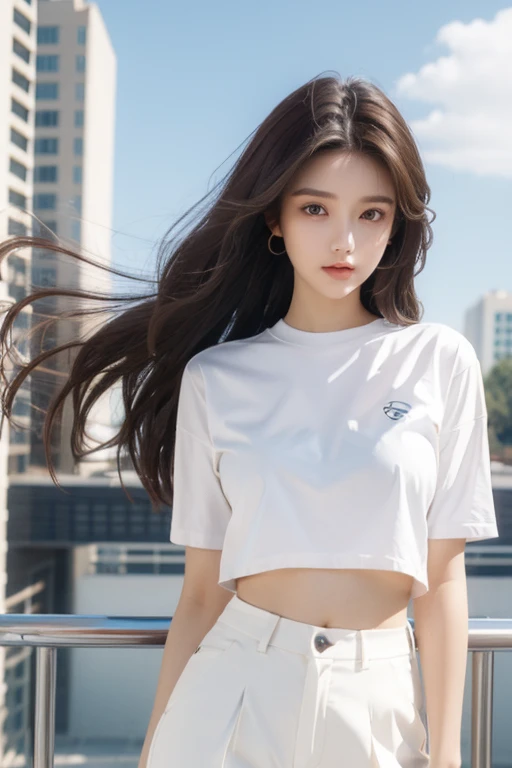 A girl with prefect body logo brown hair white shot shirt and shot pant logo lage pretty eyes