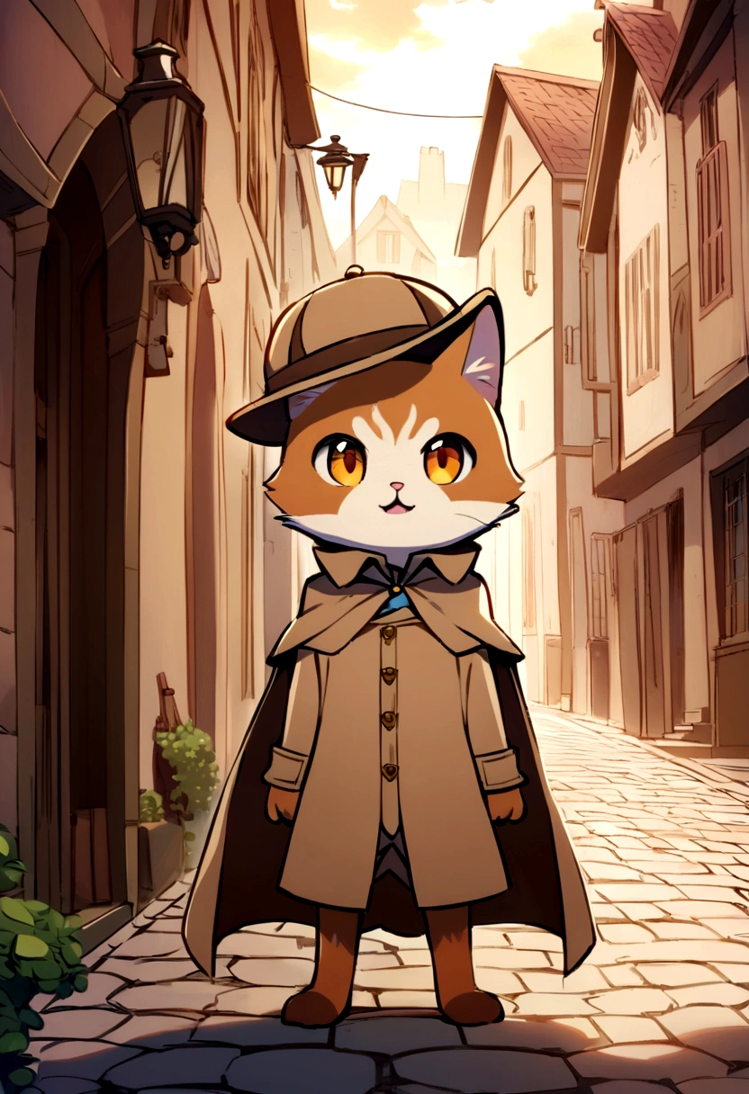 A cute and confident cat dressed as a detective, named Mike, wearing a brown detective hat and a small cape. Mike has soft brown fur and large, expressive eyes. The cat is standing proudly in front of a sign that reads "Detective Agency". The background is a vintage-style street with cobblestone pavement and charming old buildings, giving a heroic and adventurous vibe.
---
Style: Cartoon, with a soft and colorful palette. Emphasize Mike's expressive face and the whimsical details of the detective outfit. Use warm tones for the background to create a welcoming and classic feel. Mike's fur color and detective gear should be consistently brown and detailed throughout the story.