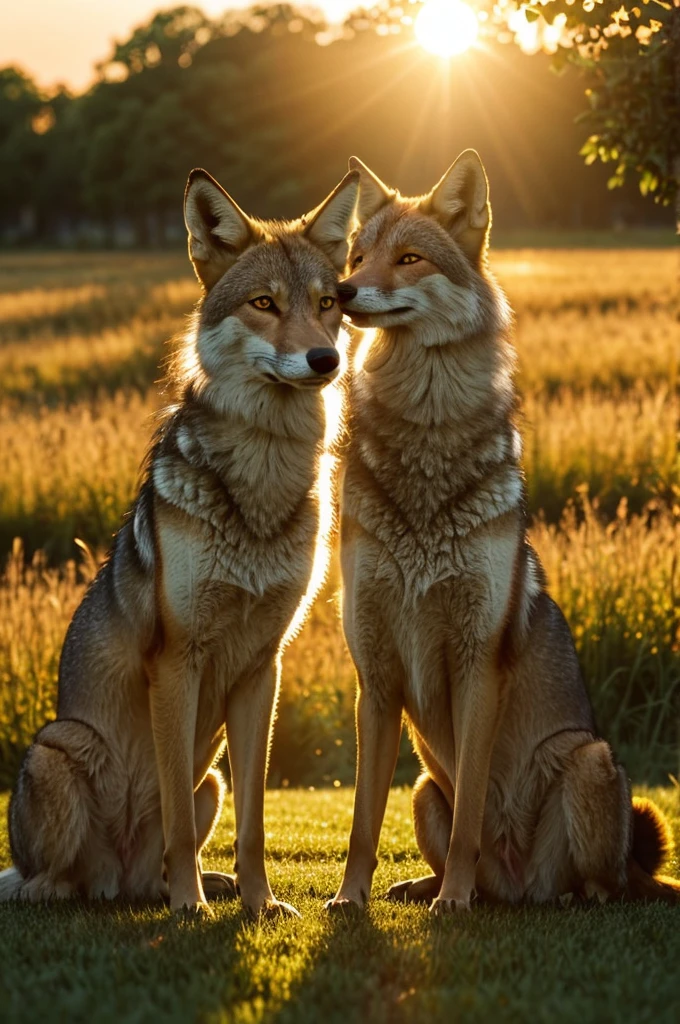 Two anthropomorphic beings 1 wolf and 1 fox sitting on the grass and watching the sunset, Summer morning light, golden hour in the morning, watch the sunset, Radiant golden hour, View of the sunset, Fotografie at the golden hour, at the golden hour, Time of the golden hour, goldene Stunde, Summer setting, shot at the golden hour, breathtaking shot, Sonnenlicht at the golden hour, at the golden hour, taken at the golden hour