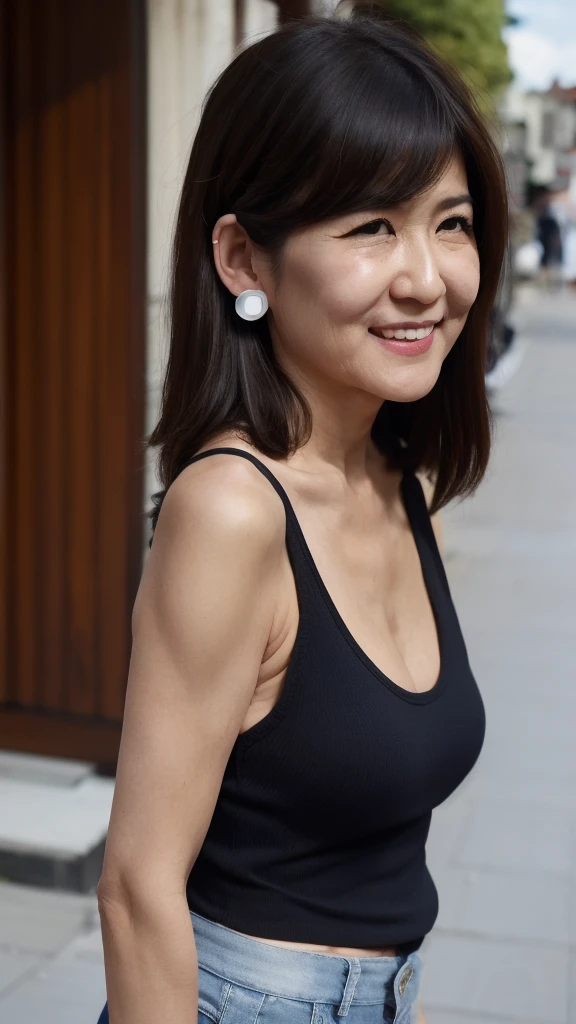 ((Highest quality)), ((8K)), ((masterpiece:1.3)), (Perfect look), (Photorealism:1.6), (PT, TI, JMA), (Walking woman), (A Japanese woman walking through an old town), (A wide street), (Japanese houses line both sides of the road), Blurred Background, ((Realistic skin texture)), (Fine wrinkles appear all over the skin), (Dull skin), (Unmoisturized skin) , (Facial wrinkles), (Wrinkles around the eyes), double eyelid, Lower eyelid tear trough, The eyes are looking here, Smiling with a gentle gaze, (Dimples), Red lips, (Short bangs), short hair, Long hair with curled ends, (Hair over the ears), Laugh with the corners of your mouth turned up, Soft fabric tank top, Slim jeans, High heels, Hair blowing in the wind, (Small breasts, Small breasts, Flat Chest), (Standing posture, Full body portrait),