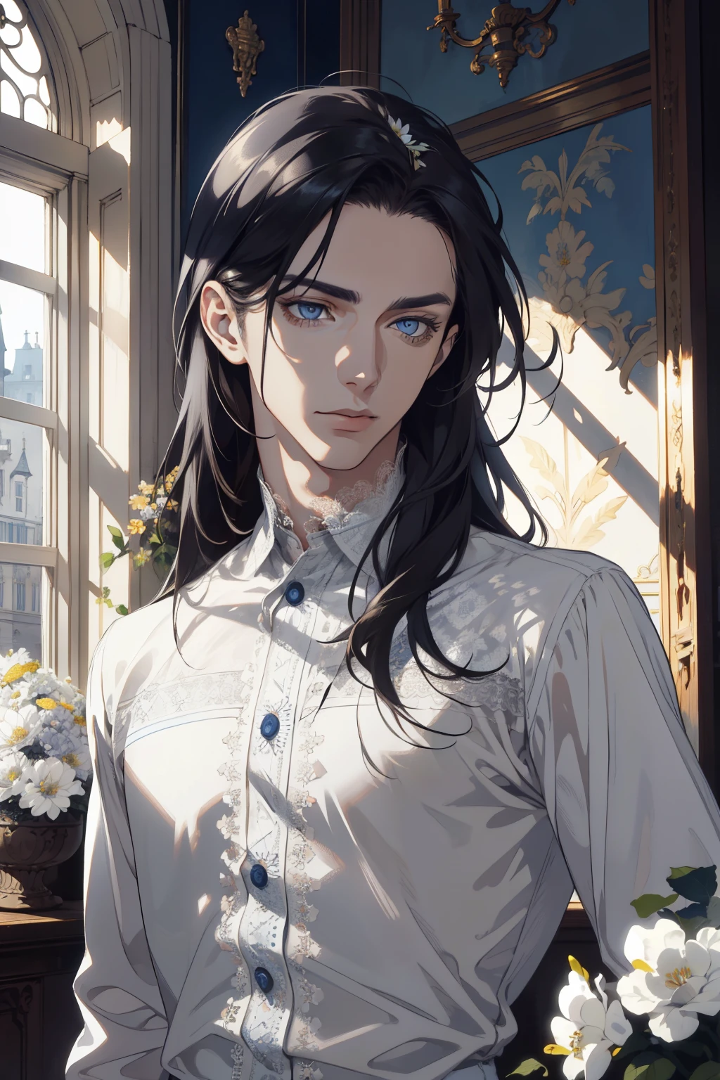 1 man, Realistic, master-piece, bestquality, Beautiful, detailed eyes and detailed faces.,natural light, European retro, White shirt, lace, Long dark blsck hair, blue grey eyes, attractive, depressed, Decorative flowers, sunbeam, 31 years.