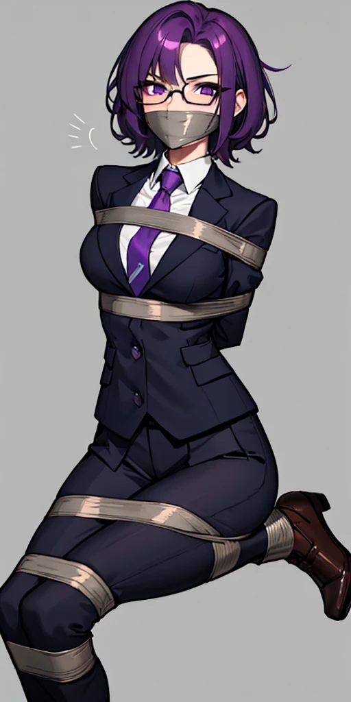 (masterpiece), best quality, expressive eyes, highres, anatomically correct, 1girl, perfect face, perfect hands, female, short hair, messy hair, wavy hair, purple hair, side bang, purple eyes, fair skin, medium chest, slight smirk, bondage, tied up, restrained, restricted, tied, harness, rope, arms behind back, hands behind back, purple glasses, purple suit, tie, pants, vest, blazer, gloves, gagged