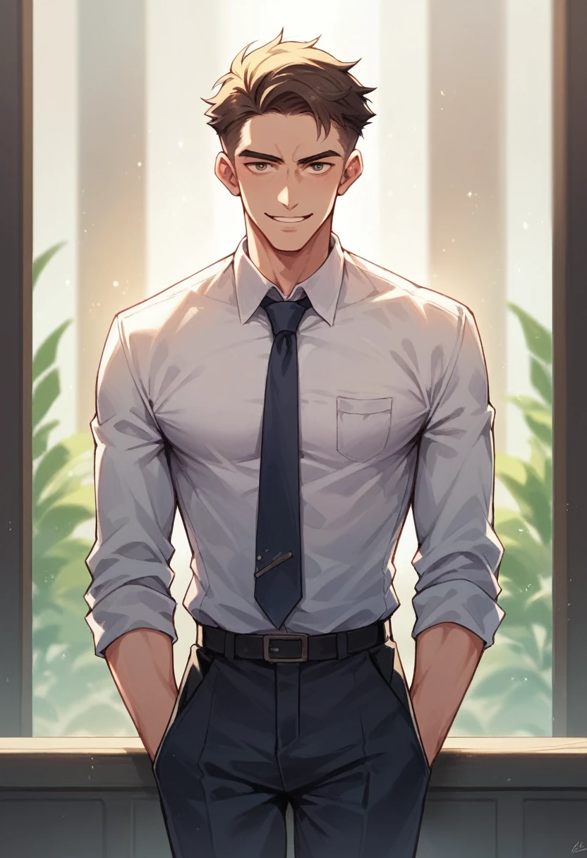 A confident man stands tall in a minimalist office setting, sharply in focus. He is dressed in a full smart office suit and has a confident smile on his face. The modern furnishings around him are blurred in motion, creating a beautiful bokeh effect in the background.