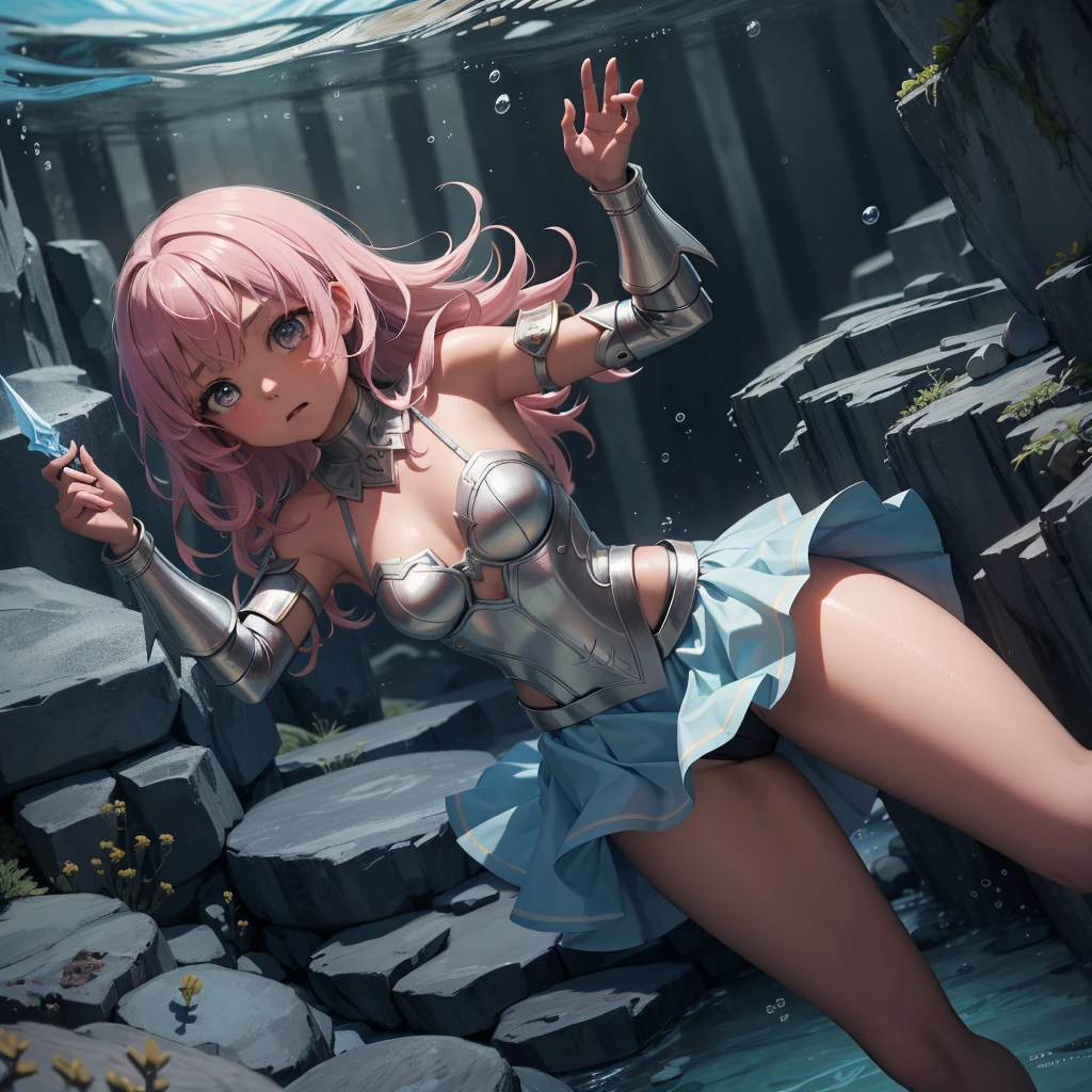 最high quality、high quality、Simple Cloth Armor、Chibi Girl Adventurer、,Pitch-dark underground labyrinth、No light、skirt、Equipped with a dagger and a shield, Head above water、Lower body underwater, Underwater photography、浮力でskirt捲れる
