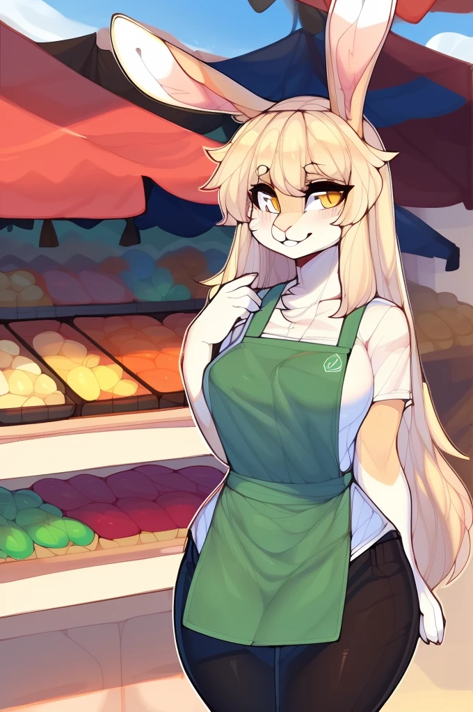 (highly detailed), ((Masterpiece)), ((Best Quality)), by claweddrip, by thericegoat, solo, female, rabbit, rabbit tail, (lop ears:1.1), blonde hair, long straight hair, beige fur, yellow eyes, bright eyes, medium breast, ((white shirt)), ((green apron)), ((black pants)), market scenery 